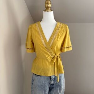 Women's Golden Yellow Wrap Blouse with Lace Trim